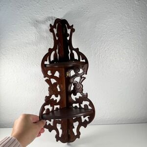 Vintage Hand Carved Wood Corner Shelf | Folding Wall Shelf with Pierced